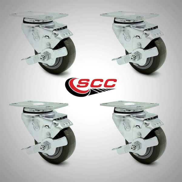 3.5 Inch SS Gray Polyurethane Swivel Top Plate Caster Set with Brake SCC